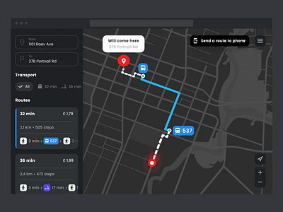 On-Demand Transportation black car sharing dark delivery design gps graphic design map mobile navigation route taxi traffic transport ui ux