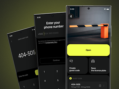 Smart barrier app app autorization barrier camera code cttv dark design graphic design mobile mockup smart barrier ui ux yellow