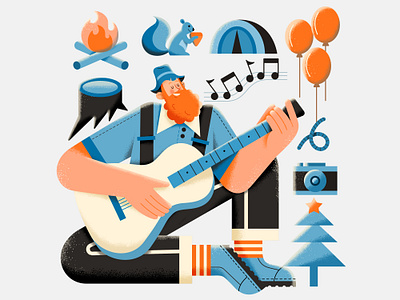 Camping - 1 animal camera camp campfire camping character fire flat guitar illustration man music noise outdoor texture tree wood