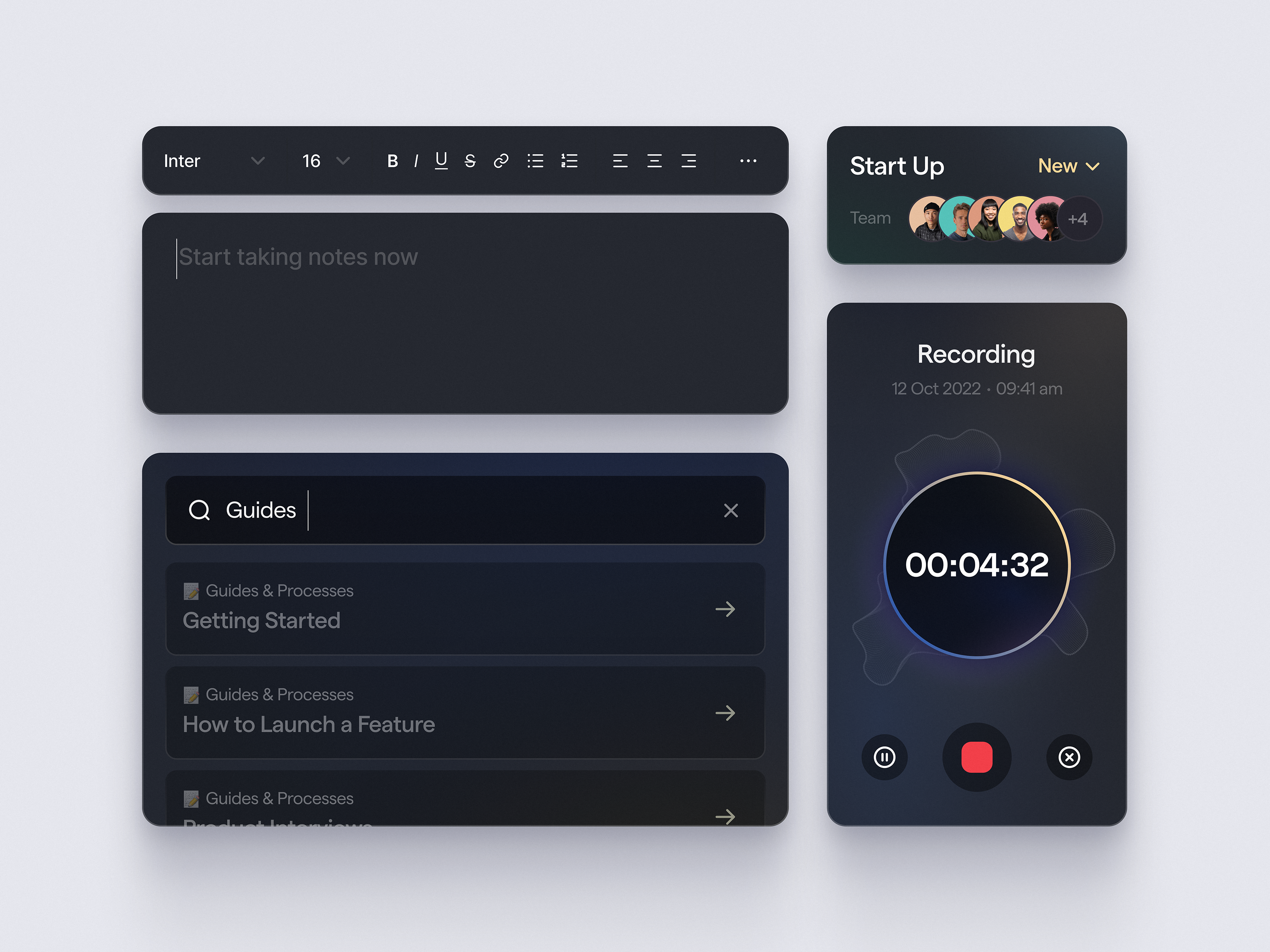 Notake ✦ Elements app card component edit text elements minimal modal note recording search team text ui ux voice voice effect web web site