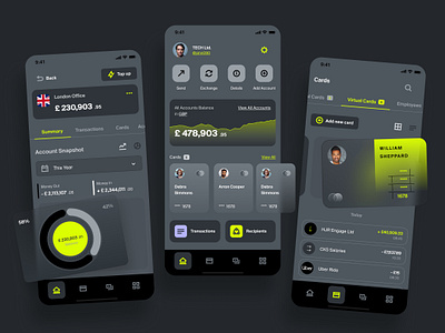 Banking App. Dark Mode account app balance bank banking banking card business card dark dark mode finance finance service fintech gradient graph mobile money neon ui ux