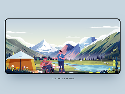 Camp camp dog illustration landscape mountain person ps river tent vally