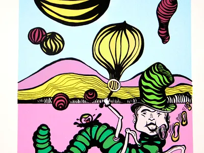 Rolling Hills alice and wonderland art austin california design hooka illustration landscape neon colors printmaking psychodelic screenprint smoking catapillar surrealism