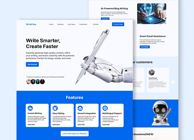 AI Writing Assistant Landing Page ai ai landing page ai powered branding design figma figma landing page landing page landing page ui minimal saas ui ui designer user experience user interface visually appealing web ui website design website ui website ui ux