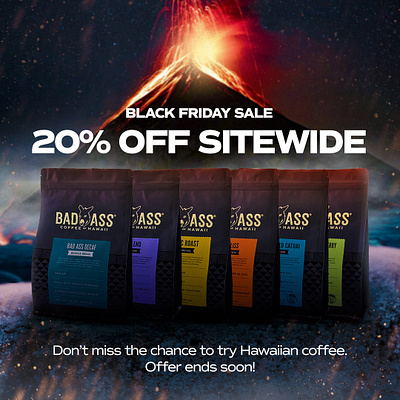 Hawaiian coffee static ads - Black Friday + Volcano ad creative coffee ads dtc ecommerce ads facebook ads graphic design static ads volcano