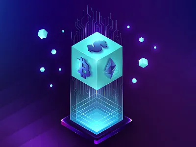 Crypto bitcoin block colorfull crypto future glow isometric panel web3