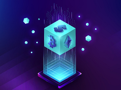 Crypto bitcoin block colorfull crypto future glow isometric panel web3