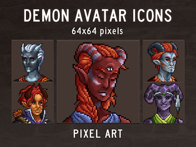 Demon Avatar Icons Pixel Art 64×64 2d 64x64 art asset assets avatar avatars demon demons evil fantasy gamedev icon icons indie indie game mmo pixel pixelart rpg