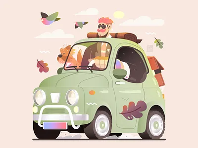 Vintage Vibes autumn bird birds car character dog dogs drive driver elegant fall fashion flat illustration leaf leather leaves luggage vector vintage