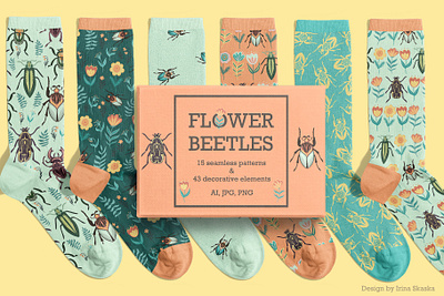 FLOWER BEETLES childrens wallpaper clipart digital art emblem design graphic design illustration logo notebook cover ornament packaging printable seamless pattern sock print summer style textile design ui vector vector illustration wallpaper