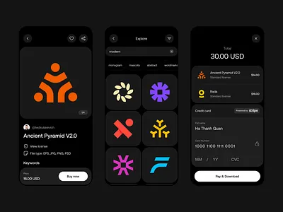 Logomark - Premium Logos app clean dark theme elegant logo marketplace minimal mobile simple ui ux