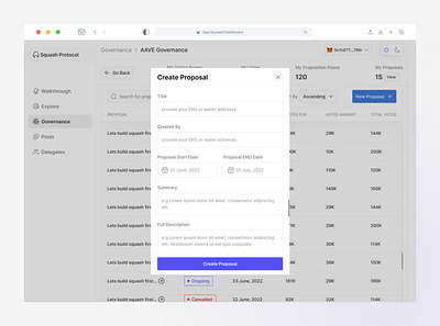 DAO Governance — Creating a proposal assets clean crypto daos dashboard defi design governance minimal proposals tokens ui ux web3