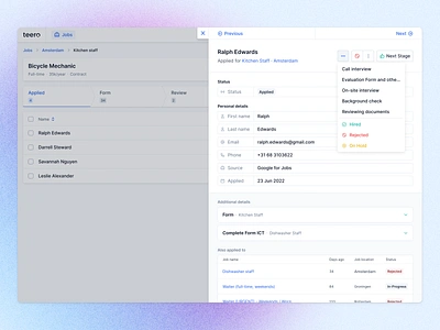 Candidate slider candidate crm greenhouse hiring job jobs lever panel profile profile sidebar progress recruiting recruitment side panel sidebar slide in slide panel stage teero user profile