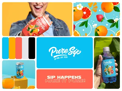 PureSip - logo and packaging beverage beveragebrand blue brand identity branding colorful drink juice juicebrand label logo logodesign modern logo orange packaging pattern pure sip