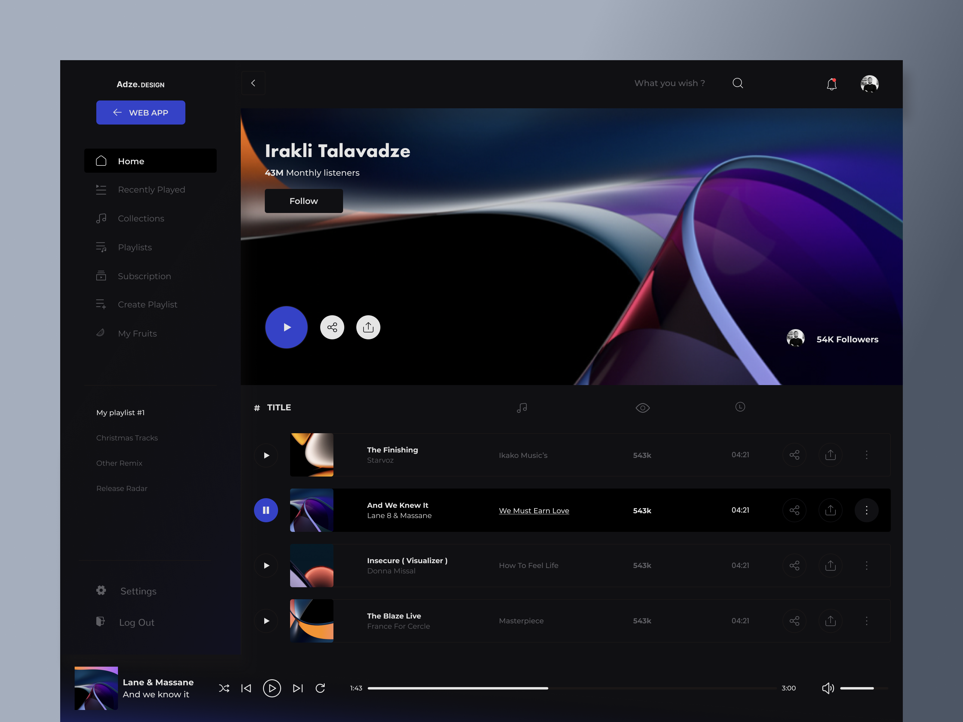 Music - Media ( Player ) Portal Concept UXUI clean dark dark ui design listen music minimal music music portal musics play player playlist sound sounds spotify trendy ui ux web app web design