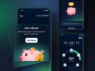 Piggy Boost - Exploration & Improvements 🐷 3d app boost coin countdown fitness game hammer health illustration jogging mobile path pig piggy sweat ui unlock ux walk