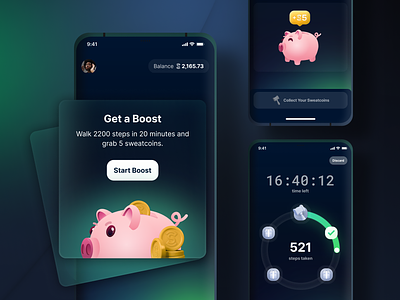 Piggy Boost - Exploration & Improvements 🐷 3d app boost coin countdown fitness game hammer health illustration jogging mobile path pig piggy sweat ui unlock ux walk