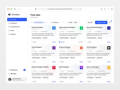Cloudgrow - Jobs Searching Platform app app design app ui dashboard design jobs jobs finding jobs finding platform jobs search layout light theme ui uiux ux
