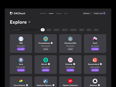DAOhunt- Explore branding crypto dao dapp decentralized defi delegate design eth governance logo mockup ui uiux user experience vector vote voting wallet web3