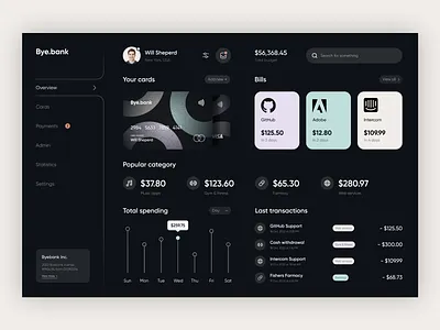 Bye.Bank - Finance Dashboard bank banking best design black dashboard credit card dark mode dashboard dashboard ui design ecommerce expenses finance finance dashboard financial fintech saas startup ui ux user interface webdesign