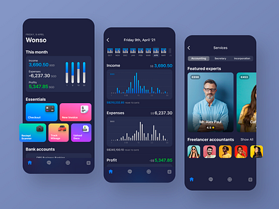 Online Business App - iOS 3d accounting analytics app icons booking bookkeeping branding clean dark ui design illustration invoice ios mobile app online business payment profits scheduling support ux
