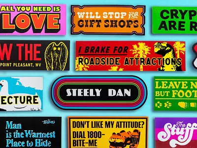 Bumper Sticker Designs bumper sticker design graphic design merch design product product design retro design roadside attraction sticker sticker design type type design typography vintage design