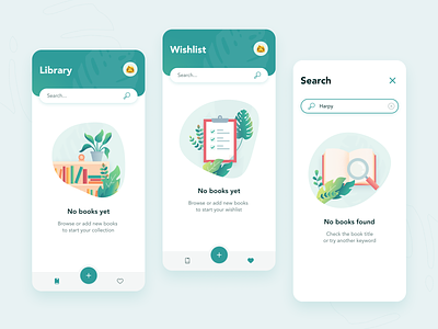 Bookforest: shared book library for the whole family app application books clean design empty state graphic design green icons illustration library nature plants rst search ui