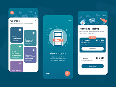 Norwegian professionally oriented vocabulary learning platform app application categories clean courses design green icons illustration onboarding pricing rst ui vocabulary