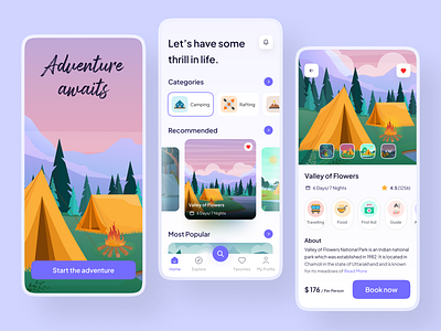 Adventure Trekking App - Hiking App adventure app app design biking clean ui design destination hiking hitchhiking minimal mobile app mobile app design mountains road trips tourism travel traveler trekking trips uiux