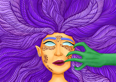 Trypophobia 2d character female green hair illustration nftart procreate purple