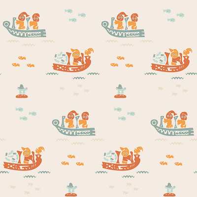Sea pattern boat fish fisherman fishing kids pattern vector