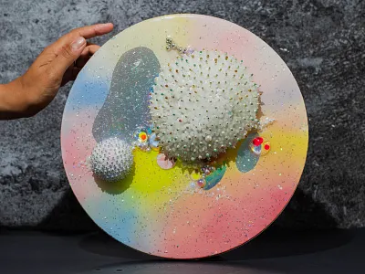 Microcosmos I amy louise baker artist bead cell circle cosmos fine art glitter gradient microbe nature pastel pattern pin round science sequin space spike virus