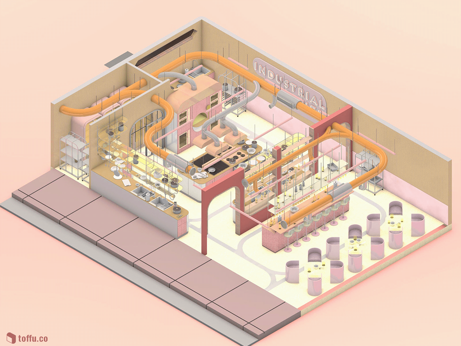 3D Model Low-Poly Industrial Kitchen 3d 3d design 3d model architecture blend blender fbx interior lowpoly lowpoly model obj render