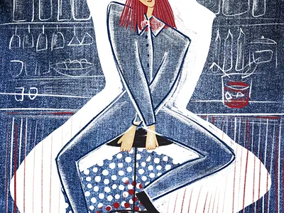 Girl in jeans suite in bar - denim illustration. Digital collage book illustration branding collage denim design digital collage editorial fashion fashion illustration girl graphic design illustration jeans procreate texture woman