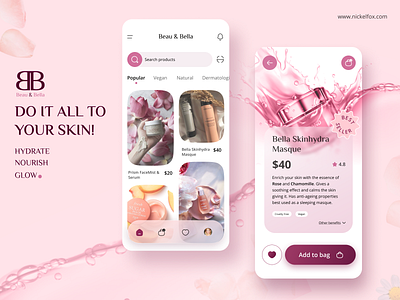 Skincare Cosmetics App - Beau & Bella beauty branding clean concept cosmetics cosmetics app ecommerce fitness glow health lifestyle makeup minimal online shop skin skincare trending ui ux woman