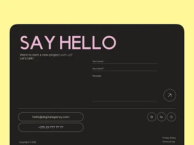 Daily UI 028: Contact us 100 design challenge 2022 contact form contact page contact us daily ui 028 dailyui digital agency footer design footer menu form field forms graphic design input fields interface ui ux web design