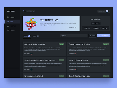 DAO Finder - Proposals and voting blockchain dao dapp darkmode dashboard dashboard darkmode defi figma minimal purple ui ux wallet web design web3