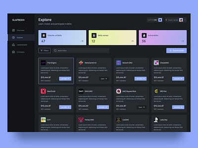 DAO Finder blockchain blue colours crypto dao dapp darkmode dashboard dashboard darkmode defi figma gradients logo minimal purple ui ux wallet web design web3
