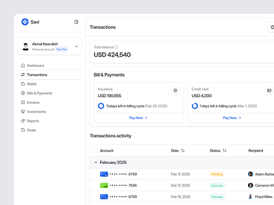 Savi - Transactions Page accounting accounting dashboard analytics banking banking dashboard categorization charts expense dashboard filtering finance finance dashboard financial analytics financial dashboard financial data graphs income dashboard reporting statement transaction history transactions