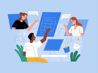 Teammates working together adobe illustrator cartoon character character design cloud digital illustration illustrator meeting online team together vector vector artist video conference work