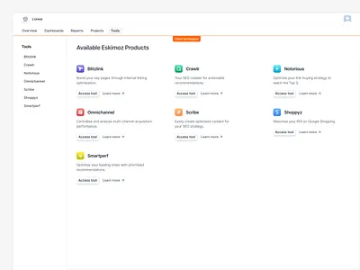 Available products — Eskimoz access product access tool app available tool components custom app logo custom logo design design system enable integrations logo tools overview product design saas platform tools ui design view admin visual design workspace