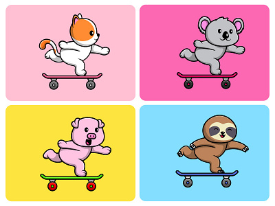 Animal Playing Skateboard active cartoon cat design extreme flat illustration koala logo mascot pig skateboard sloth sport vector