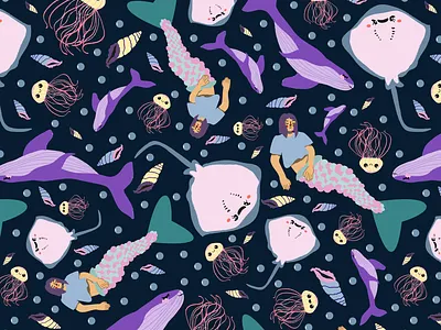 Cute and Fun Mermaid Pattern Design animal illustration batoids bubbles colorful pattern design design fashion design graphic design illustration jellyfish mermaid mermaid design mermaid pattern design pattern pattern design shell whale