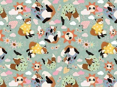 Cute Fox Pattern Design animal illustration children design children pattern clouds cute foxes design fashion design flowers for kids fox illustration fox pattern design foxes graphic design illustration kids pattern design pattern pattern design sun