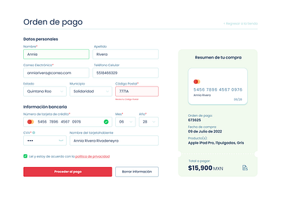 UI: Pago con tarjeta de crédito checkout checkout ui credit card payment ui dailyui high fidelity ui ui mexico uiux ux wireframe