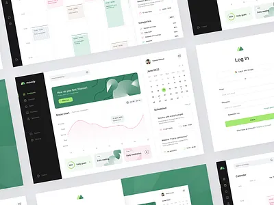 Moody - Mental Health Web App calendar chart clean dashboard goals graph habits health illustration layout light mood platform schedule statistics therapist track ui ux web app