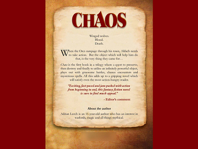 Book // Back Cover // Chaos // back cover battles book book publishing catherine davis smith chaos charmed designs graphic design gripping kids novel orcs publishing reach publishers