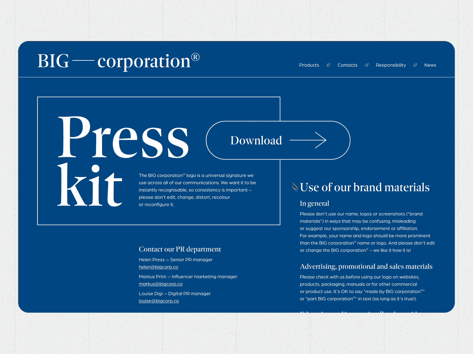 Corporation website press kit page | Daily UI business corporate dailyui dailyuichallenge design figma figma animation geometric interface interface animation marketing pr press presskit strict typography ui ui animation web design website