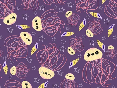 Jellyfish Pattern Design animal illustration design fashion design graphic design illustration jellyfish jellyfish pattern design jellyfishes kawaii design pattern pattern design shell stars