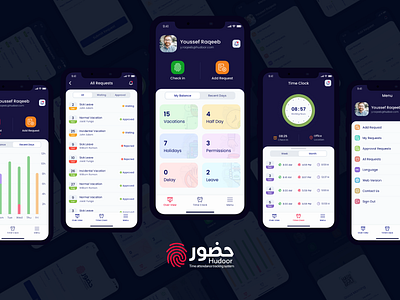 Hudoor App Dark Presentation balance payroll check in check out employee app finger print hr hr app hr management hrm app hudoor app
